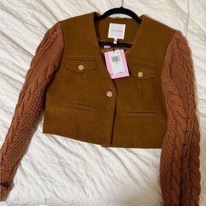 Avec Les Filles Brown Tan Bomber Jacket with Knit Sleeves